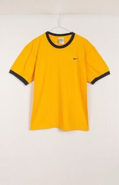 Vintage Nike TShirt Men's L Yellow Blue Ringer Made in USA 90s Silver Tag Swoosh